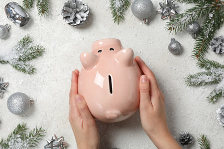 Concept of Christmas finance with piggy bank, top viewの写真素材