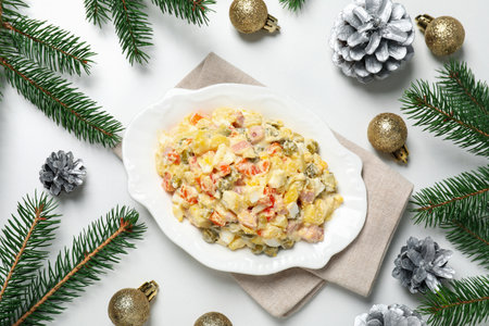 Concept of New year food, Olivier salad, top viewの写真素材