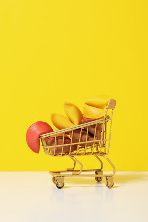 Chinese fortune cookies with prediction words, space for textの写真素材