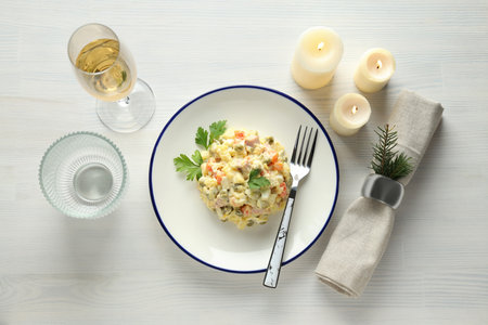 Concept of New year food, Olivier salad, top viewの写真素材