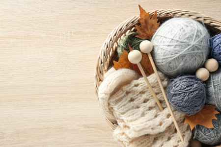 Concept of hobby, cozy hobby, knitting, space for textの写真素材
