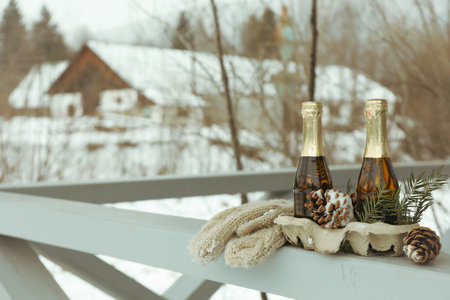 Christmas composition with blank champagne bottles outdoorの写真素材