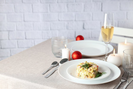 Concept of New year food, Olivier salad, space for textの写真素材