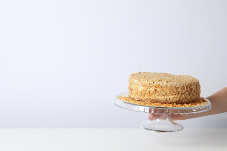 Concept of sweets, honey cake, space for text