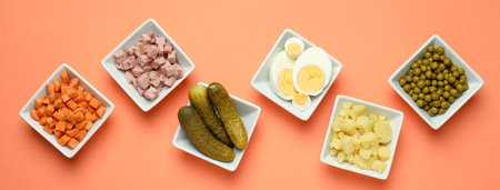 Concept of New year food, Olivier salad, top viewの写真素材