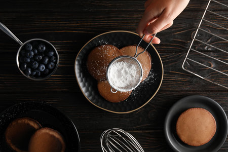 Concept of sweet food, tasty chocolate pancakesの写真素材