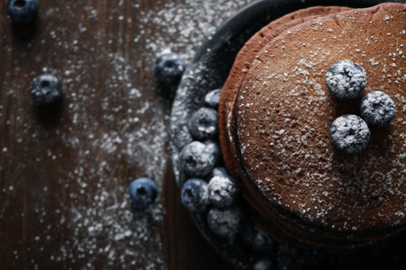 Concept of sweet food, chocolate pancakes, space for textの写真素材