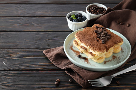 Concept of sweet food, Tiramisu cake, space for textの写真素材