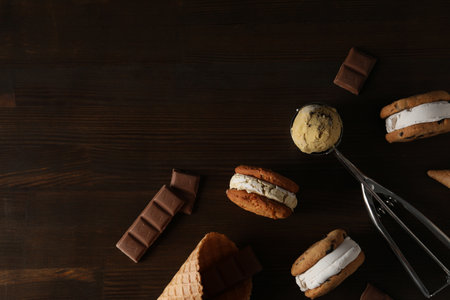 Concept of sweet food, cookies with ice cream, space for text