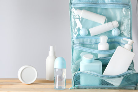 Bath accessories, toilet bag, space for textの写真素材