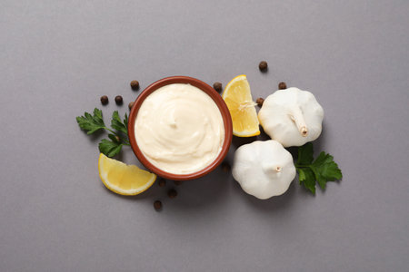 Concept of egg sauce, mayonnaise, top viewの写真素材