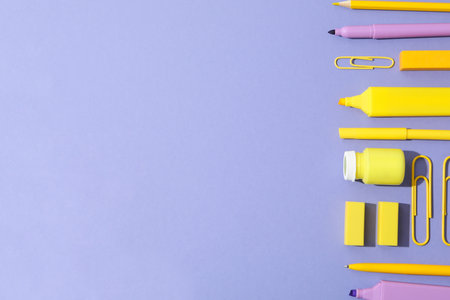 Concept of different stationery accessories, space for textの写真素材