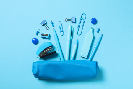 Concept of different stationery accessories, top view