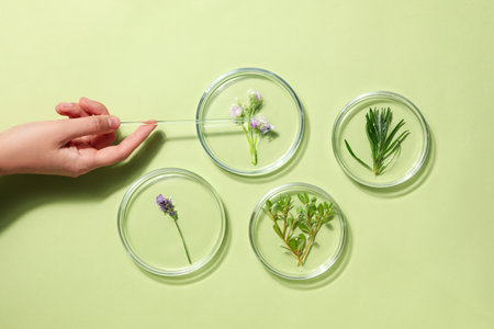 Concept of biology research with flowers, top view