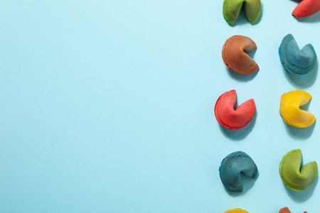 Chinese fortune cookies with prediction words, space for textの写真素材