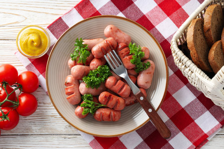 Concept of tasty food, grilled mini sausage, top viewの写真素材