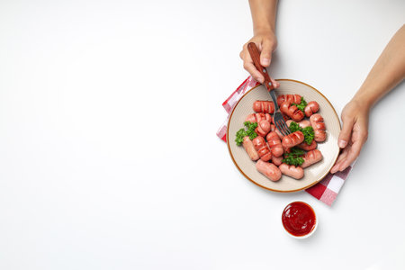 Concept of tasty food, grilled mini sausage, space for textの写真素材