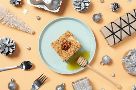 Concept of sweets, honey cake, top viewの写真素材