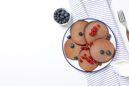 Concept of sweet food, chocolate pancakes, space for textの写真素材