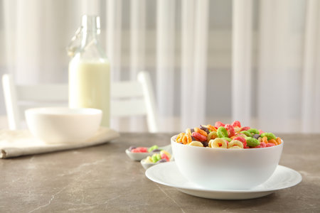 Concept of breakfast food, colorful corn flakes, close upの写真素材