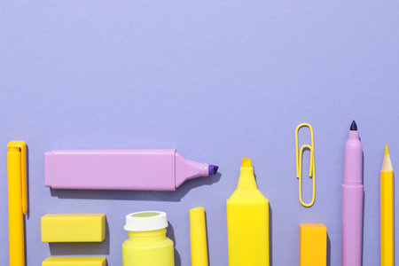 Concept of different stationery accessories, space for textの写真素材