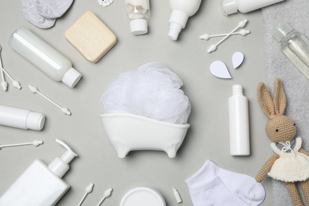 Concept of baby or childrens cosmetics, top viewの写真素材