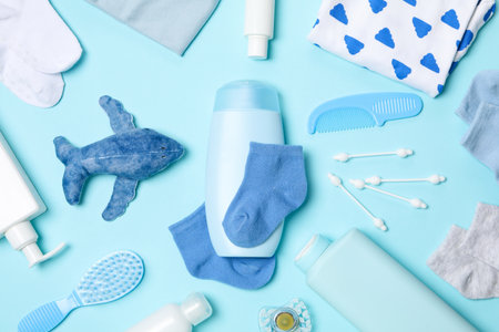Concept of baby or childrens cosmetics, top viewの写真素材