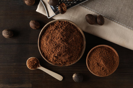 Concept of spices and condiments, nutmegs, top viewの写真素材