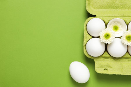 Concept of spring, eggs with flowers, space for textの写真素材