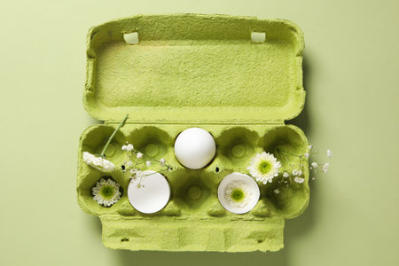 Concept of spring, eggs with flowers, top viewの写真素材