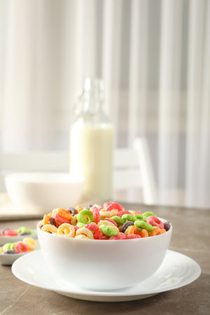 Concept of breakfast food, colorful corn flakes, close up