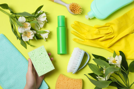 Concept of spring cleaning and house cleaning, top viewの写真素材