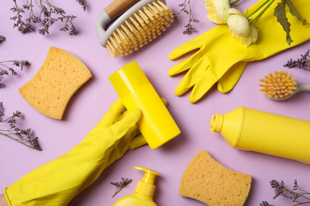 Concept of spring cleaning and house cleaning, top view