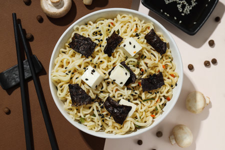 Concept of instant food, instant noodles, top view
