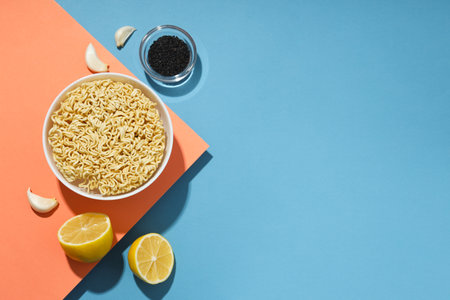 Concept of instant food, instant noodles, space for textの写真素材