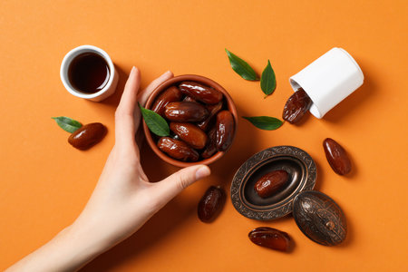 Concept of tasty food, dates, top view