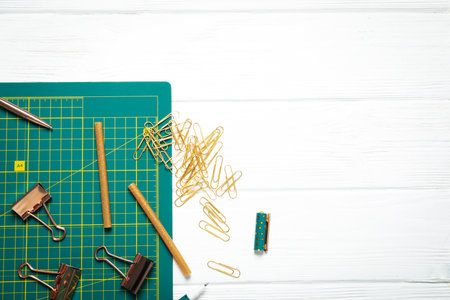 Concept of accessories for patchwork, cutting mat, space for text