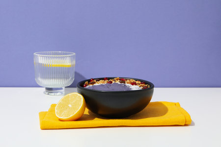 Concept of healthy food with acai smoothie, space for textの写真素材