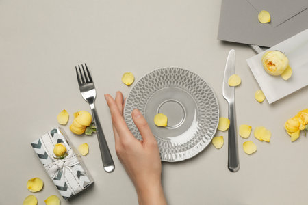 Concept of spring season table setting, top view