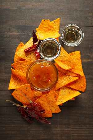 Concept of Mexico food, Tortilla and tequila, top viewの写真素材