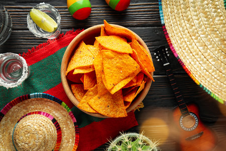 Concept of Mexico food, Tortilla and tequila, top viewの写真素材