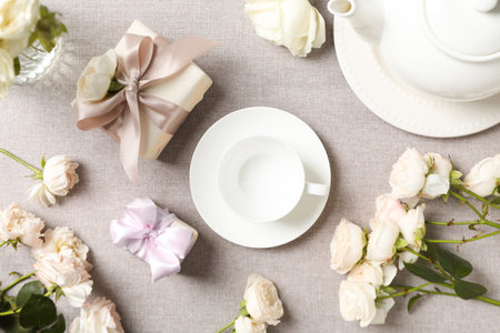 Concept of spring season table setting, top viewの写真素材