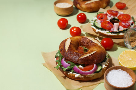 Concept of delicious food - tasty bagel sandwich, space for textの写真素材