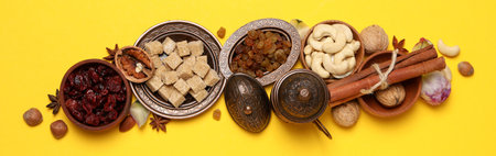 Concept of Muslim holy month Ramadan Kareem, top view