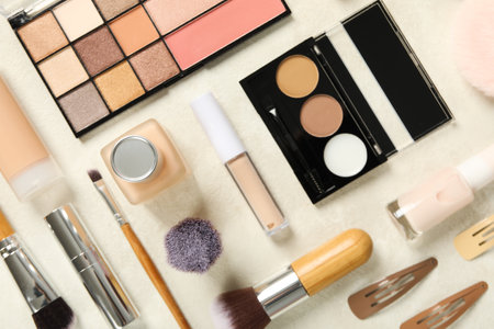 Concept of cosmetic and different female accessories, top viewの写真素材