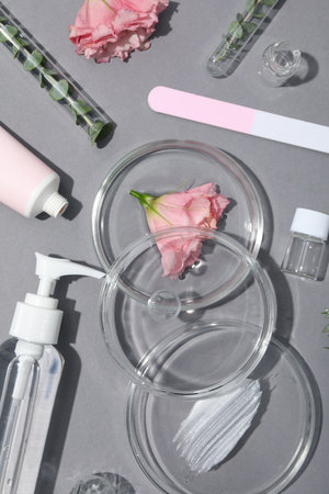 Concept of cosmetic research and organic skin care products, top viewの写真素材