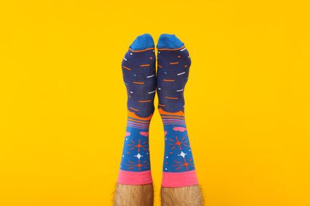 Concept of clothes for legs - socks, socks on male legsの写真素材