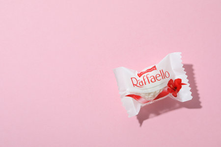 Odessa, Ukraine - 20.10.2021: Raffaello candy on pink backgroundのeditorial素材
