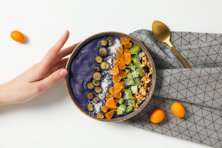Concept of healthy food with acai smoothie, top view