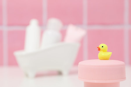 Concept of child bodycare, child cosmetic, space for textの写真素材